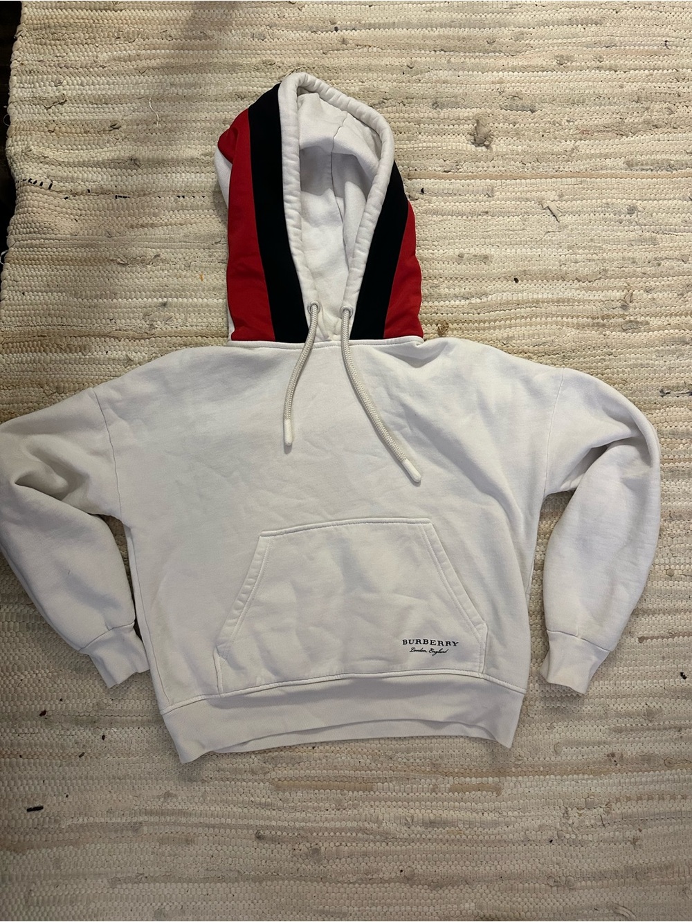 Burberry White Cropped Hoodie with Red and Blue